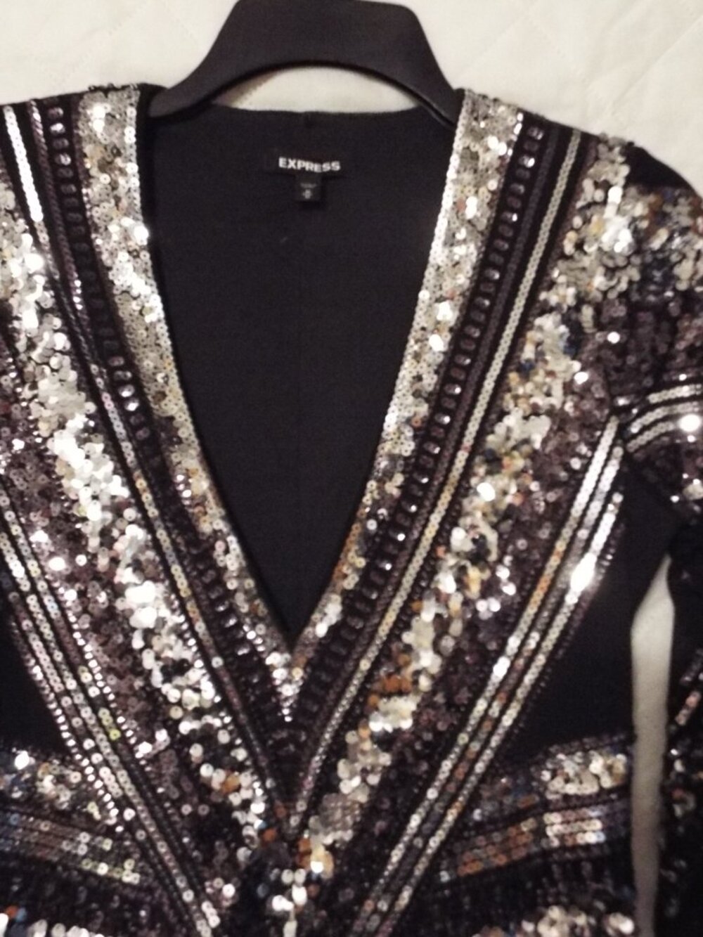 Express Black and Silver Sequin Dress with Mesh Sleeves Size Medium - Picture 3 of 7